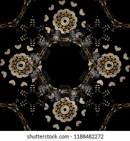 Vector oriental ornament. Seamless pattern on black, gray and brown colors with golden elements. Seamless golden pattern.