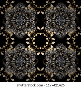 Vector oriental ornament. Seamless pattern on black, gray and brown colors with golden elements. Seamless golden pattern.