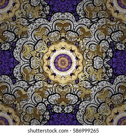 Vector oriental ornament. Seamless pattern on violet background with golden elements and with white doodles. Seamless Golden pattern.