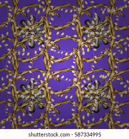 Vector oriental ornament. Seamless pattern on violet background with golden elements and with white doodles. Seamless Golden pattern.