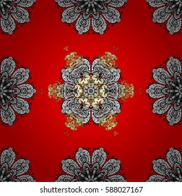 Vector oriental ornament. Seamless pattern on red background with golden elements and with white doodles. Seamless Golden pattern.