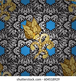 Vector oriental ornament. Seamless pattern on blue background with golden elements and with white doodles. Seamless Golden pattern.