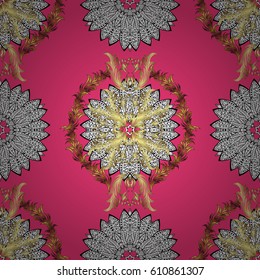 Vector oriental ornament. Seamless pattern on pink background with golden elements and with white doodles. Seamless Golden pattern.