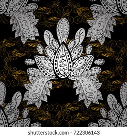 Vector oriental ornament. Seamless pattern on black, white and brown colors with golden elements and with white doodles. Seamless Golden pattern.