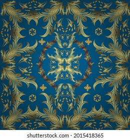 Vector oriental ornament. Seamless oriental ornament in the style of baroque. Golden pattern on yellow, neutral and blue colors with golden elements. Traditional classic golden pattern.