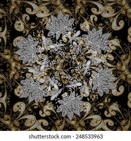 Vector oriental ornament. Seamless oriental ornament in the style of baroque. Golden pattern on black colors with golden elements. Traditional classic golden pattern.