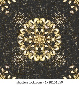 Vector oriental ornament. Oriental ornament in the style of baroque. Traditional classic golden pattern. Golden pattern on gray and yellow colors with golden elements.
