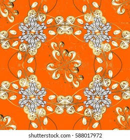 Vector oriental ornament. Oriental ornament in the style of baroque. Traditional classic golden pattern. Golden pattern on orange background with golden elements.