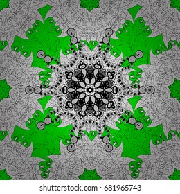 Vector oriental ornament. White pattern on green and white roughness background with gray elements. White pattern.