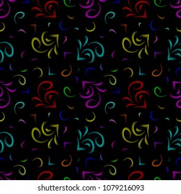 Vector oriental pattern of curls in a neon style on a black background. For fabric or paper.
