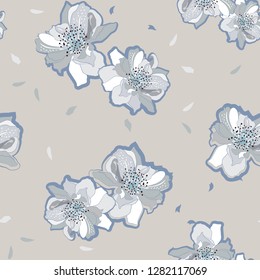 Vector of oriental pattern with sakura flowers. Seamless oriental texture with isolated hand drawn cherry blossom. Asian natural background on light grey background color