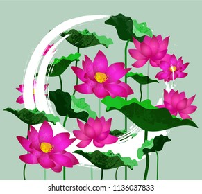 The Vector of Oriental Pink Lotus and Green Leaves with White Circle Paint Brush on Mint Background.