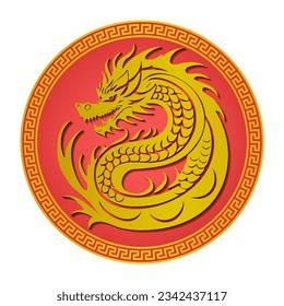 Vector oriental red round sticker. Wriggling ancient golden Chinese dragon with open maw. Logo or seal. White isolated background.