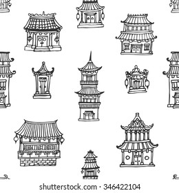 Vector oriental seamless pattern with asian architecture 