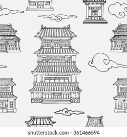 Vector oriental seamless pattern with asian architecture