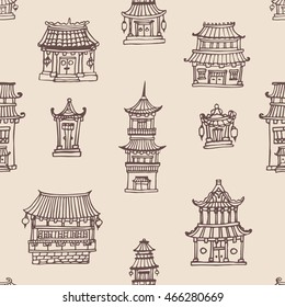 Vector oriental seamless pattern with asian architecture. Hand drawn sepia buildings. For textile, typography, etc.