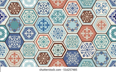 Vector Oriental seamless pattern. Realistic Vintage Moroccan, Portuguese hexagonal tiles. Patchwork background. Grunge effect can be removed