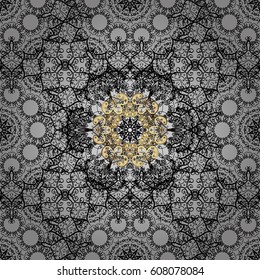 Vector oriental style arabesques. Brilliant lace, stylized flowers, paisley. Openwork delicate golden pattern. Seamless pattern on gray background with golden elements. Seamless golden texture curls.