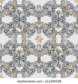 Vector oriental style arabesques. Brilliant lace, stylized flowers, paisley. Seamless golden texture curls. Openwork delicate golden pattern. Seamless pattern on gray background with golden elements.