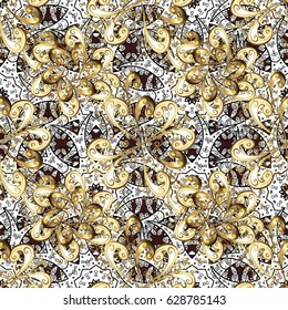 Vector oriental style arabesques. Brilliant lace, stylized flowers, paisley. Openwork delicate golden pattern. Seamless pattern on brown background with golden elements. Seamless golden texture curls.