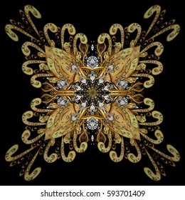 Vector oriental style arabesques. Golden texture curls. Openwork delicate golden pattern. Brilliant lace, stylized flowers, paisley. on black background with golden elements.