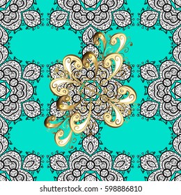 Vector oriental style arabesques. Openwork delicate golden pattern. Seamless pattern on blue background with golden elements. Brilliant lace, stylized flowers, paisley. Seamless golden texture curls.