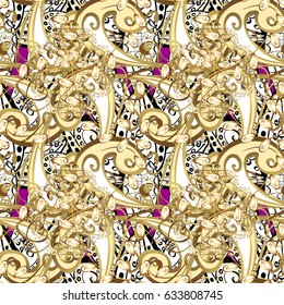 Vector oriental style arabesques. Openwork delicate golden pattern. Brilliant lace, stylized flowers, paisley. Seamless golden texture curls. Seamless pattern on magenta background with gold elements.
