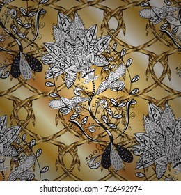 Vector oriental style arabesques. Ornamental golden texture curls. Pattern on beige, white and yellow colors with golden elements. Openwork delicate golden pattern. Stylized flowers, paisley.