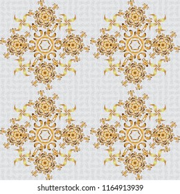 Vector oriental style arabesques. Seamless pattern with golden elements, curls and ornaments on a gray background.