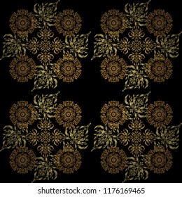 Vector oriental style arabesques. Seamless pattern with golden elements, curls and ornaments on a black background.