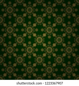 Vector oriental style arabesques. Seamless pattern with golden elements, curls and ornaments on a green background.
