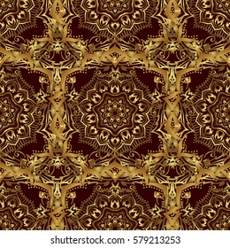 Vector oriental style arabesques. Seamless pattern with golden elements, curls and ornaments on a brown background.