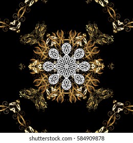 Vector oriental style arabesques. Seamless golden texture curls. Openwork delicate golden pattern. Brilliant lace, stylized flowers, paisley. Seamless pattern on black background with golden elements.