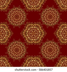 Vector oriental style arabesques. Seamless pattern with golden elements, curls and ornaments on a red background.