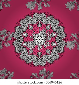 Vector oriental style arabesques. Seamless pattern on pink background with white elements. Brilliant lace, stylized flowers, paisley. Openwork delicate white pattern. Seamless white texture curls.