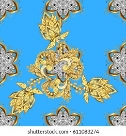Vector oriental style arabesques. Seamless pattern on blue background with golden elements. Brilliant lace, stylized flowers, paisley. Openwork delicate golden pattern. Seamless golden texture curls.