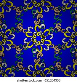 Vector oriental style arabesques. Seamless pattern on blue background with ornamental elements. Openwork delicate ornamental pattern. Seamless ornamental texture curls. Lace, stylized flowers, paisley
