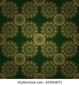 Vector oriental style arabesques. Seamless pattern with golden elements, curls and ornaments on a green background.