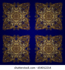 Vector oriental style arabesques. Seamless pattern with golden elements, curls and ornaments on a blue background.