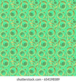 Vector oriental style arabesques. Seamless pattern with golden elements, curls and ornaments on a green background.