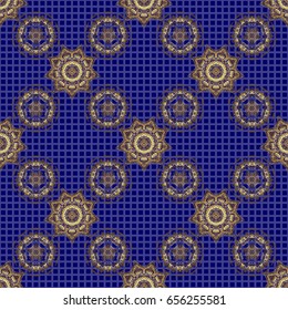 Vector oriental style arabesques. Seamless pattern with golden elements, curls and ornaments on a blue background.