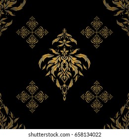 Vector oriental style arabesques. Seamless pattern with yellow elements, curls and ornaments on a black background.