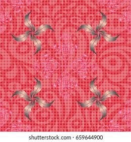 Vector oriental style arabesques. Seamless pattern with red and orange elements, curls and ornaments.