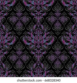 Vector oriental style arabesques. Seamless pattern with blue and purple elements, curls and ornaments on a black background.