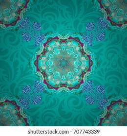 Vector oriental style arabesques. Seamless pattern with green and blue elements, curls and ornaments.