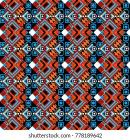 Vector oriental style in black, blue and red colors. Seamless pattern in ethnic traditional style. Abstract vintage pattern with decorative tiles pattern.