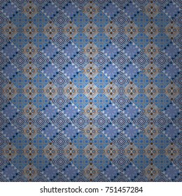 Vector oriental style in blue, gray and brown colors. Seamless pattern in ethnic traditional style. Abstract vintage pattern with decorative tiles pattern.