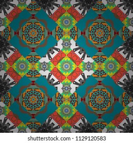 Vector oriental style in green, blue and gray colors. Seamless pattern in ethnic traditional style. Abstract vintage pattern with decorative tiles pattern.