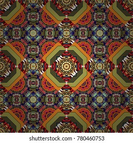 Vector oriental style in green, brown and blue colors. Seamless pattern in ethnic traditional style. Abstract vintage pattern with decorative tiles pattern.