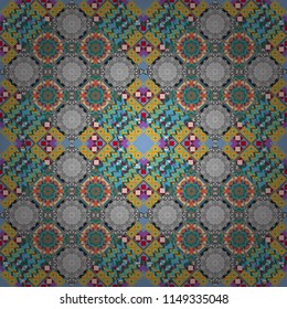 Vector oriental style in green, gray and blue colors. Seamless pattern in ethnic traditional style. Abstract vintage pattern with decorative tiles pattern.
